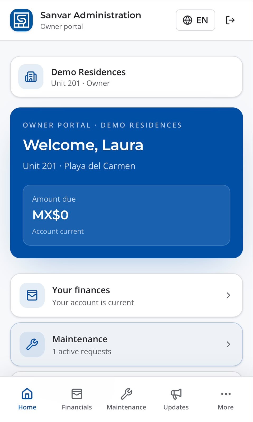 SANVAR Condo Slate: Finances screen with the outstanding balance and the latest payment